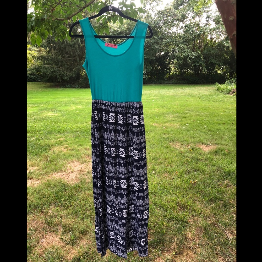 Almost Pink: Teal/Blue Colorblock Maxi Dress